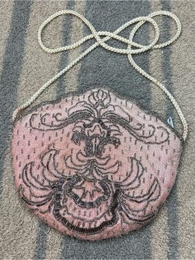 Vintage Hand Made Pink Beaded Crossbody Purse with Cord Strap